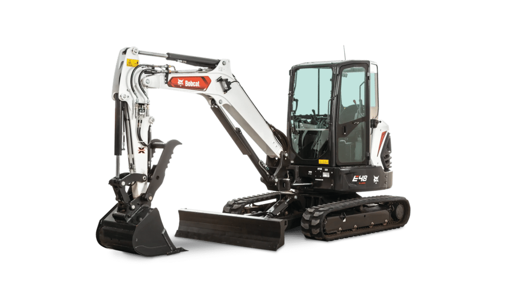 A Bobcat E48 Mini Excavator with a sleek design, shown in a studio setting with a clean white background. This compact machine features a hydraulic arm and a large bucket, ideal for versatile digging tasks in tight spaces.