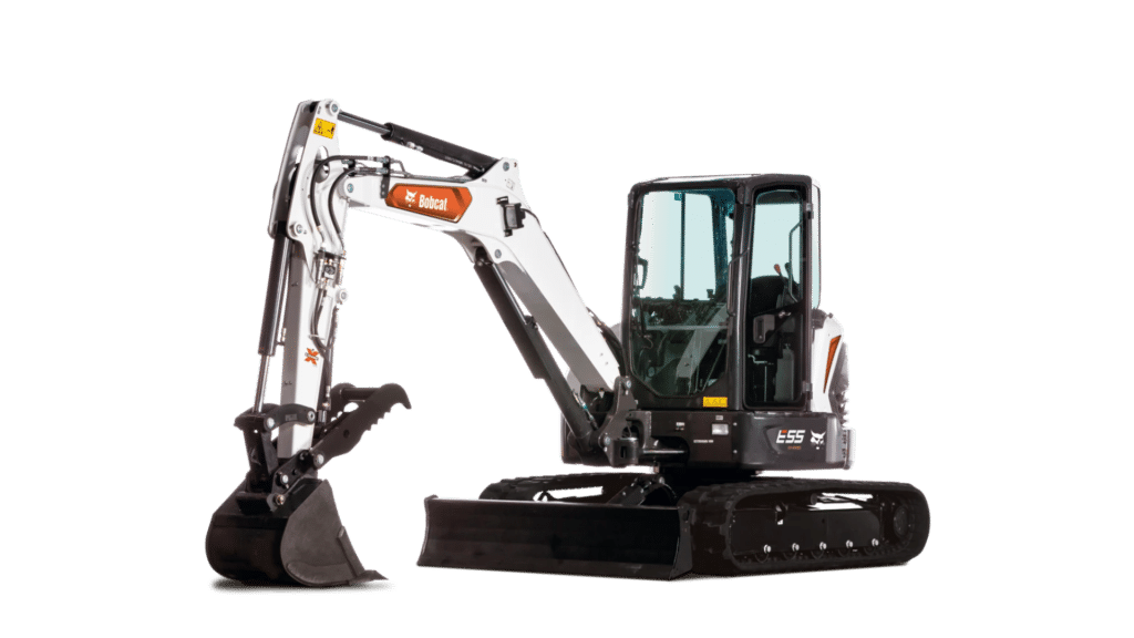 The Bobcat E55 R mini excavator in a studio setting, showcasing its compact design with a closed cabin and sturdy tracks, designed for versatile use in demanding job sites.