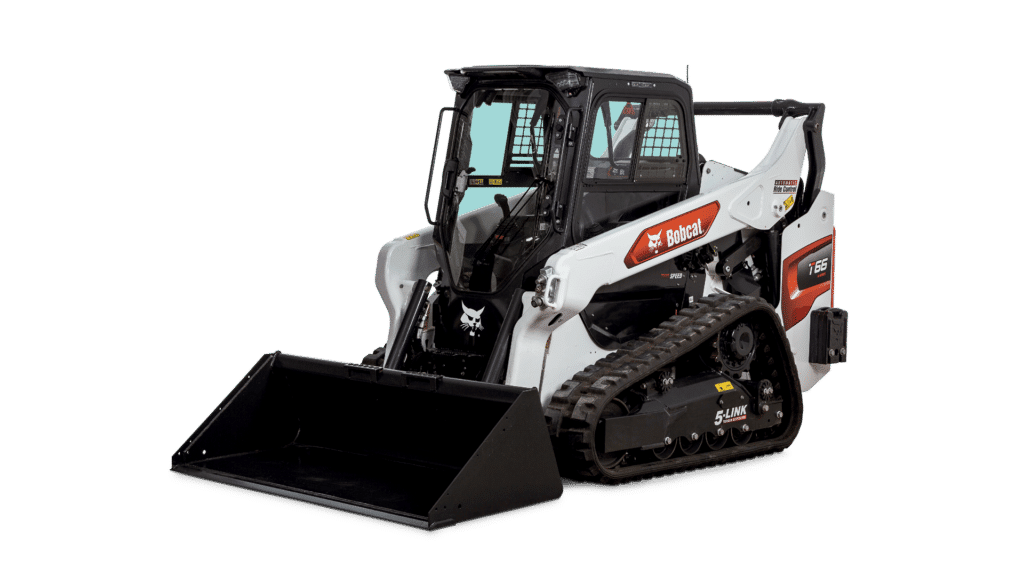 This image shows a Bobcat T66 track loader, a type of construction machinery designed for heavy-duty tasks. It features durable tracks, a spacious operator cab, and a large front bucket, making it ideal for earthmoving, grading, and material handling on construction sites. The machine is built with Bobcat's 5-Link torsion suspension, which enhances stability and comfort during operation.