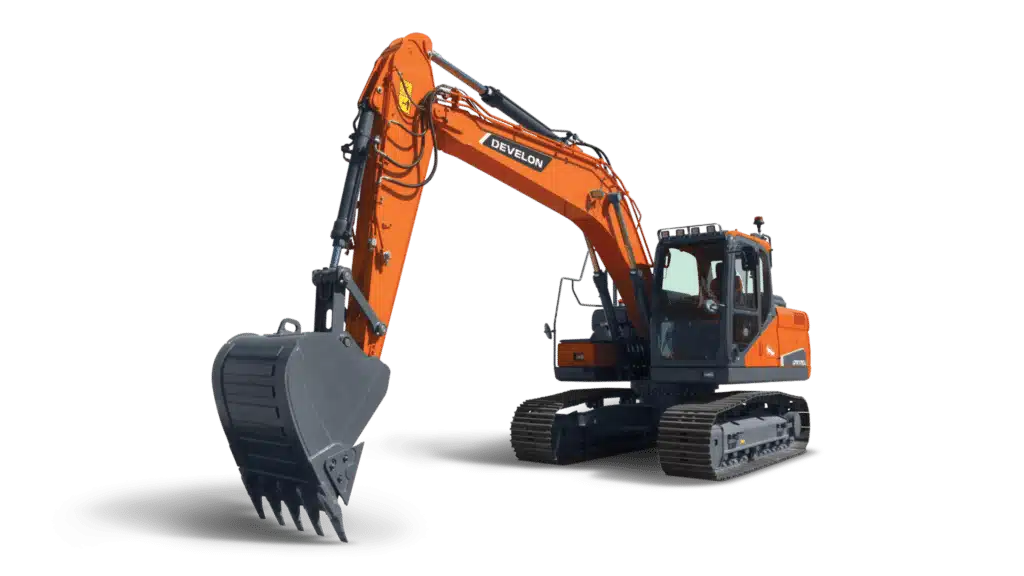 This image displays a Develon DX170LC-7 excavator, a type of earthmoving machinery designed for heavy-duty tasks such as digging, trenching, and material lifting. The machine features a robust hydraulic arm, a large digging bucket, and durable tracks for navigating rough terrain. Its cabin offers advanced controls and comfort for operators, making it well-suited for demanding construction and earthmoving applications.