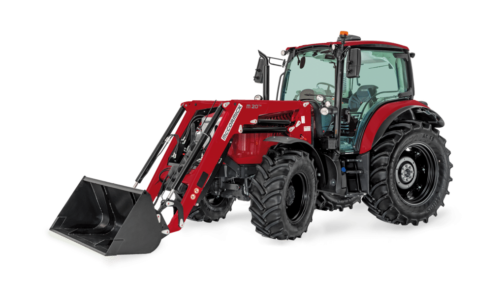 This image shows a McCormick tractor equipped with a front-end loader, a type of farm machinery used for a wide range of agricultural tasks. It features a powerful engine, large tires for stability on uneven terrain, and a versatile loader attachment for lifting, moving, and loading materials such as soil, hay, or feed. The enclosed cabin offers comfort and control for the operator, making it ideal for both small and large-scale farming operations.