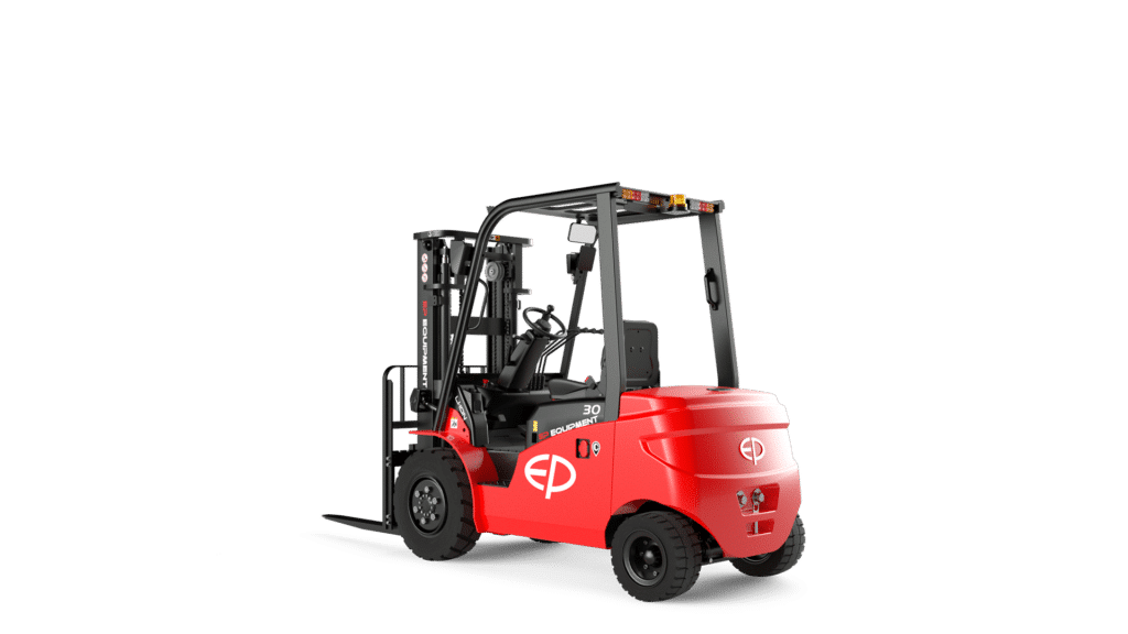 This image shows an EP forklift, a type of material handling equipment designed for lifting and transporting goods in warehouses, manufacturing facilities, and distribution centres. It features durable forks for pallet handling, a compact design for manoeuvrability in tight spaces, and a comfortable operator cabin for efficient operation. This forklift is ideal for stacking, moving, and organising materials in a variety of industrial and commercial environments.