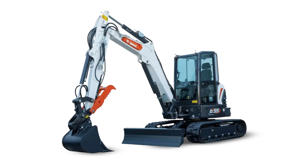 This image shows a Bobcat E55z mini excavator, a piece of equipment often featured in used machinery sales. It is designed for digging, trenching, and demolition tasks in tight spaces. The machine features a compact size, zero tail swing for manoeuvrability in confined areas, and a robust hydraulic system for increased power and efficiency. This type of machinery is commonly sold in used equipment markets, offering cost-effective solutions for construction and earthmoving projects.