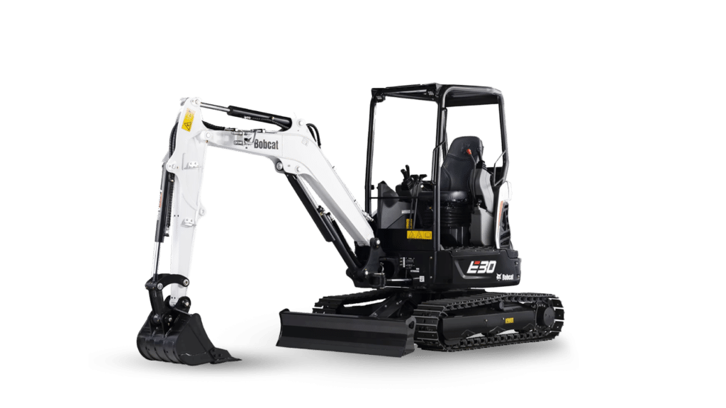 A Bobcat E30 Mini Excavator - a compact machine featuring a durable design, rubber tracks, an open cab, and a robust digging arm with a bucket attachment, ideal for construction and landscaping tasks.