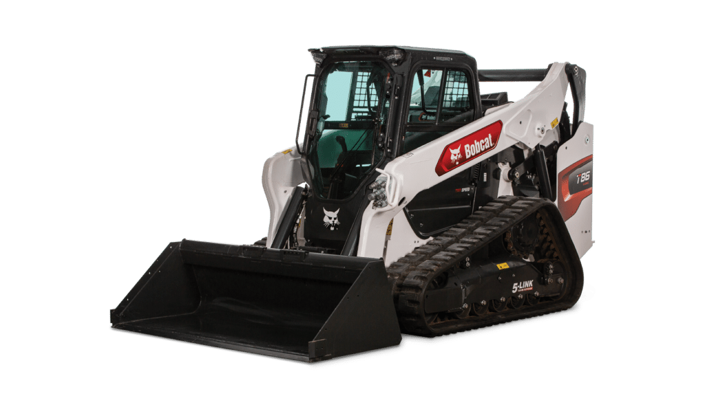 The image shows a Bobcat T86 Track Loader, equipped with a robust, high-performance tracked undercarriage ideal for traction on uneven or soft surfaces. The machine features a large front bucket for versatile material handling, a compact design for manoeuvrability in tight spaces, and a spacious operator cabin with clear visibility. The T86 is finished in Bobcat’s signature white with black and red accents, showcasing its rugged build for demanding construction, landscaping, and material handling applications.