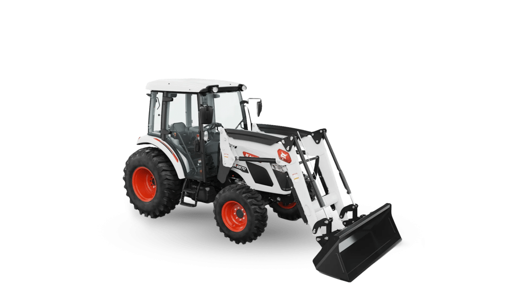 A Bobcat UT6570 Utility Tractor is featured in a studio setting, equipped with a front loader attachment for versatile utility tasks. The tractor’s white and black body, combined with its robust tyres and enclosed cab, highlights its durability and efficiency for heavy-duty agricultural and landscaping operations.