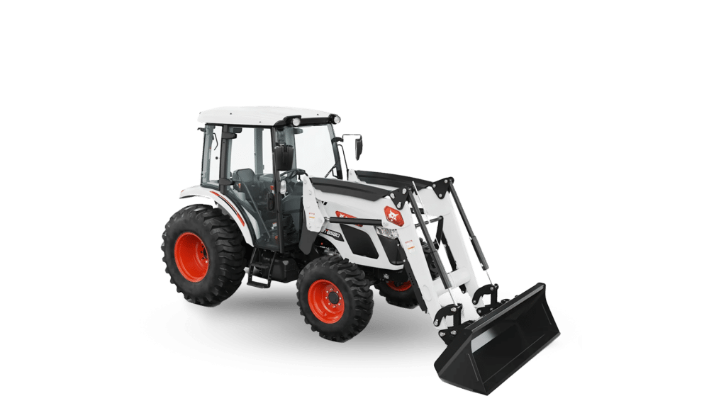 A Bobcat UT6580 Utility Tractor is displayed in a studio setting, featuring a front loader attachment for versatile utility work. The tractor’s white and black colour scheme, rugged tyres, and enclosed cab emphasise its reliability and power for demanding agricultural and landscaping tasks.