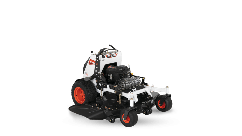 A Bobcat ZS4000 Zero Turn Mower, featuring a compact and manoeuvrable design in white with black and orange accents. Equipped with a powerful engine, rugged tyres, and a precision cutting deck, this mower is ideal for efficient and professional lawn maintenance on a variety of terrains.