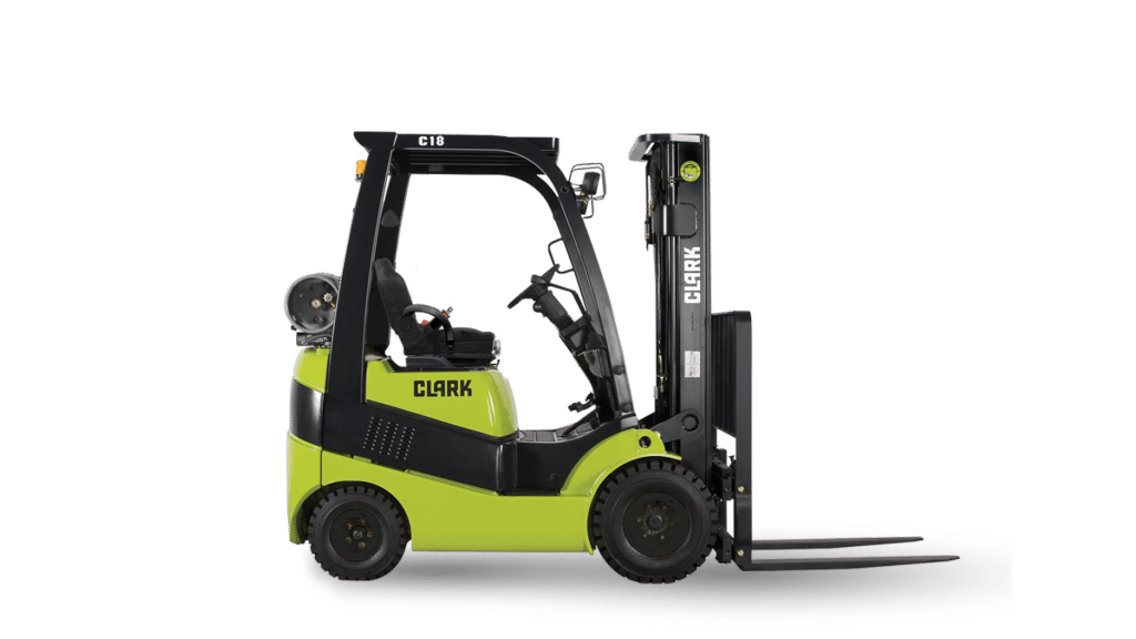 Side view of a Clark C18L Forklift, showcasing its compact design, bright green and black colour scheme, and durable construction. The forklift is equipped with a protective overhead guard, LPG tank, and dual forks, ideal for handling heavy loads efficiently in warehouse or industrial settings.