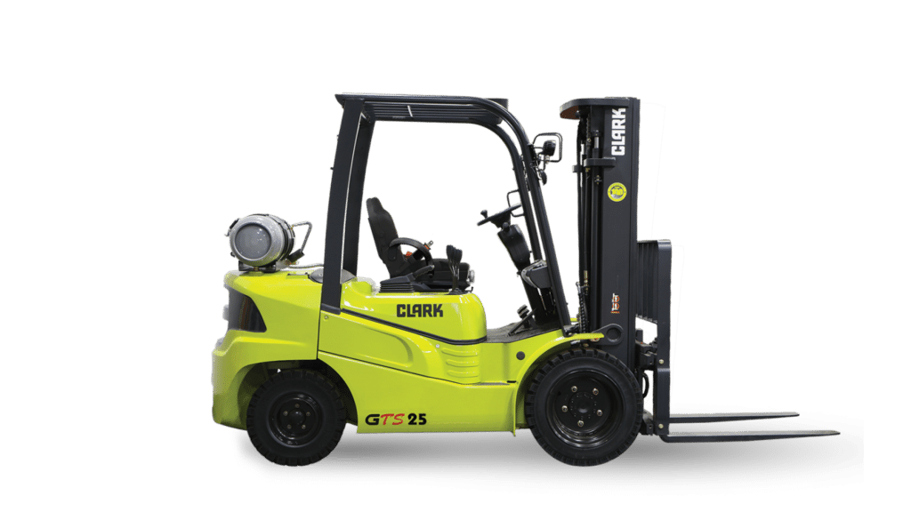 Side view of a Clark GTS Series Forklift, featuring a robust and ergonomic design in bright green and black. This model is equipped with an LPG tank, a protective overhead guard, and reinforced forks, making it ideal for heavy-duty material handling tasks in industrial and warehouse environments.