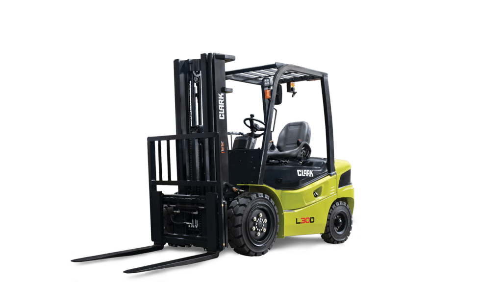 A Clark L Series Forklift, featuring a sleek and modern design in bright green and black. This forklift is built for versatility and efficiency, equipped with solid pneumatic tyres, a protective overhead guard, and adjustable forks, perfect for handling diverse loads in industrial and logistics settings.