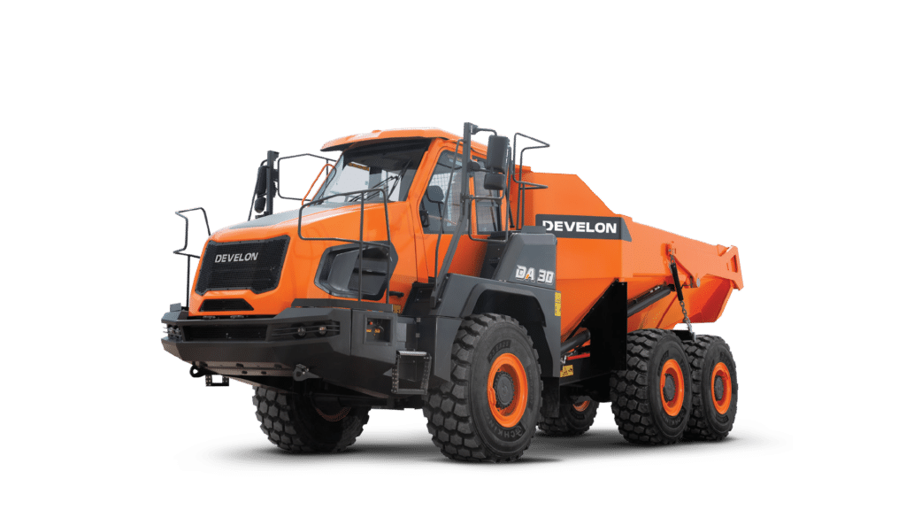 The image shows a Develon DA30 Articulated Dump Truck, featuring a robust, heavy-duty design ideal for hauling materials across rough terrains. The truck has six large, durable tires for enhanced stability and traction, an articulated frame for manoeuvrability, and a spacious, elevated cabin for optimal operator visibility. Painted in Develon's signature orange with prominent branding, the DA30 is designed to handle demanding construction and earthmoving tasks efficiently.