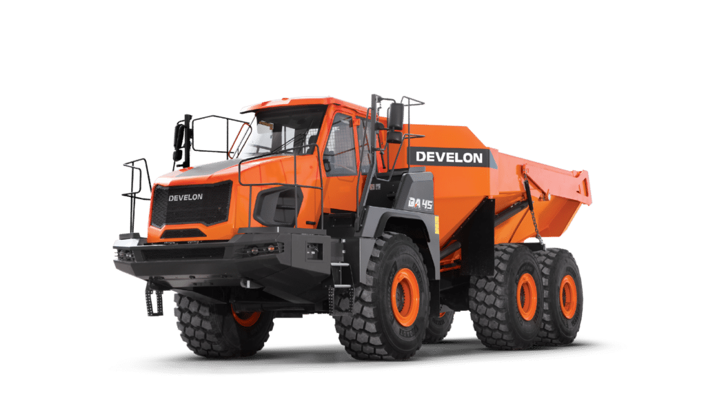 The image shows a Develon DA45 Articulated Dump Truck, designed for heavy-duty hauling in rugged and challenging environments. This truck features six large, high-traction tires for superior stability and mobility, an articulated frame for enhanced manoeuvrability, and a spacious, reinforced operator cabin for safety and visibility. Finished in Develon's iconic orange colour with bold branding, the DA45 is engineered to handle substantial loads, making it ideal for large-scale construction and earthmoving projects.