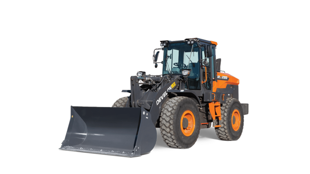 A Develon DL200A-7M Wheel Loader equipped with a robust front bucket, designed for heavy-duty material handling and efficient loading operations.