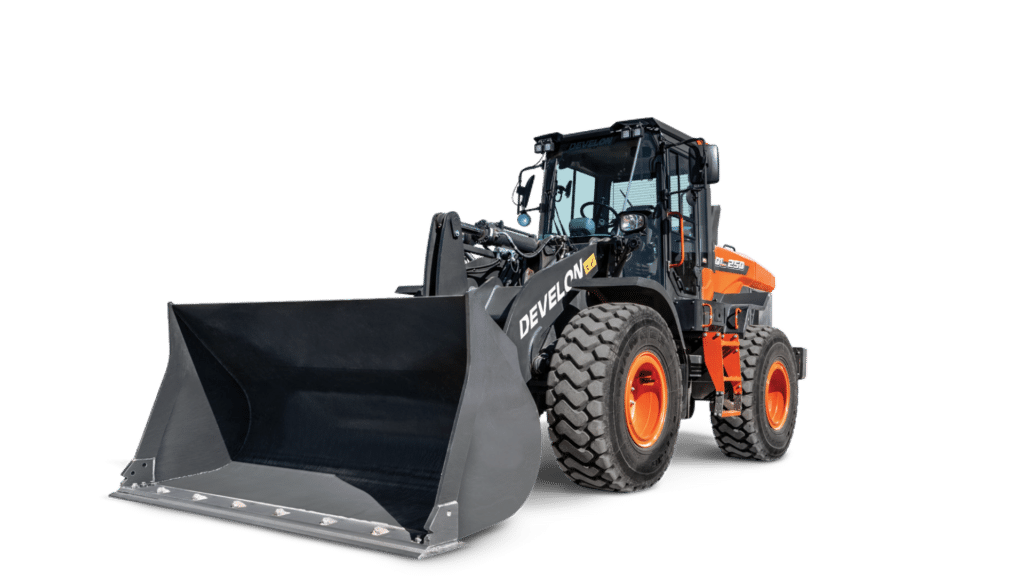 A Develon DL250-7M Wheel Loader with a large front bucket, built for maximum productivity and reliable performance in heavy-duty loading applications.