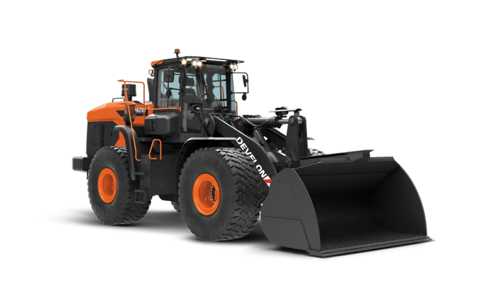 A Develon DL420-7M Wheel Loader with a large capacity bucket, engineered for heavy-duty material handling and optimal performance in construction and industrial applications.