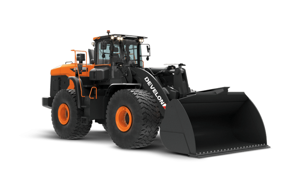 A Develon DL580-7M Wheel Loader featuring a high-capacity bucket, built for heavy-duty material handling and superior productivity in demanding construction and industrial environments.