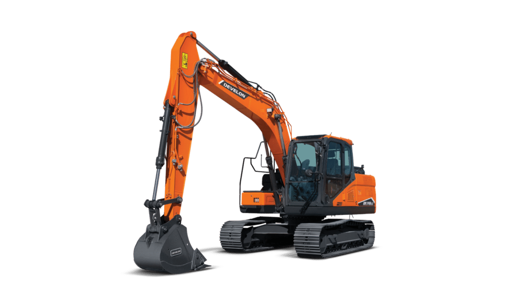 A Develon DX140 LC Excavator, featuring a sturdy tracked undercarriage, a large arm and bucket designed for heavy-duty digging, and a spacious operator cabin. The machine is painted in Develon's signature bright orange color, with the brand name clearly displayed on the arm, showcasing its robust build and suitability for construction and earthmoving tasks.