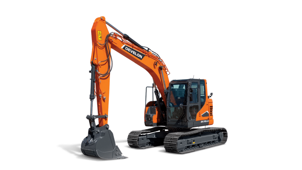 A Develon DX140 LCR Excavator, characterised by its compact radius design, ideal for tight spaces and urban construction sites. The excavator has a rugged tracked undercarriage, an extendable arm with a robust bucket for digging and material handling, and a well-protected operator cabin. Painted in Develon's signature bright orange with clear branding, the DX140 LCR balances power with manoeuvrability, making it suitable for versatile construction and earthmoving applications.