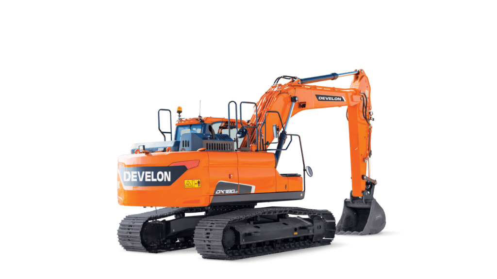 A Develon DX180 LCN Excavator, distinguished by its long carriage and narrow body design, ideal for stable operation in confined spaces. The excavator showcases a robust tracked undercarriage for enhanced stability, an extended arm with a powerful digging bucket, and a spacious operator cabin, all painted in Develon's signature orange with branding prominently displayed. This model is suited for a variety of construction and earthmoving tasks, offering both power and precision in challenging environments.