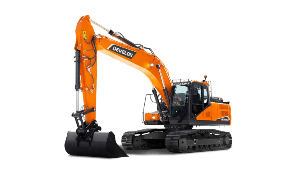 The Develon DX225LC-7M Large Excavator showcasing its powerful stance and durable construction, designed for optimal performance in heavy-duty excavation and earthmoving tasks.