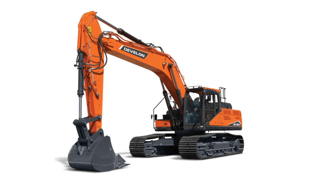 The Develon DX300LC-7M Large Excavator showcasing its robust build and advanced hydraulic system, engineered for maximum productivity in demanding construction and earthmoving applications.
