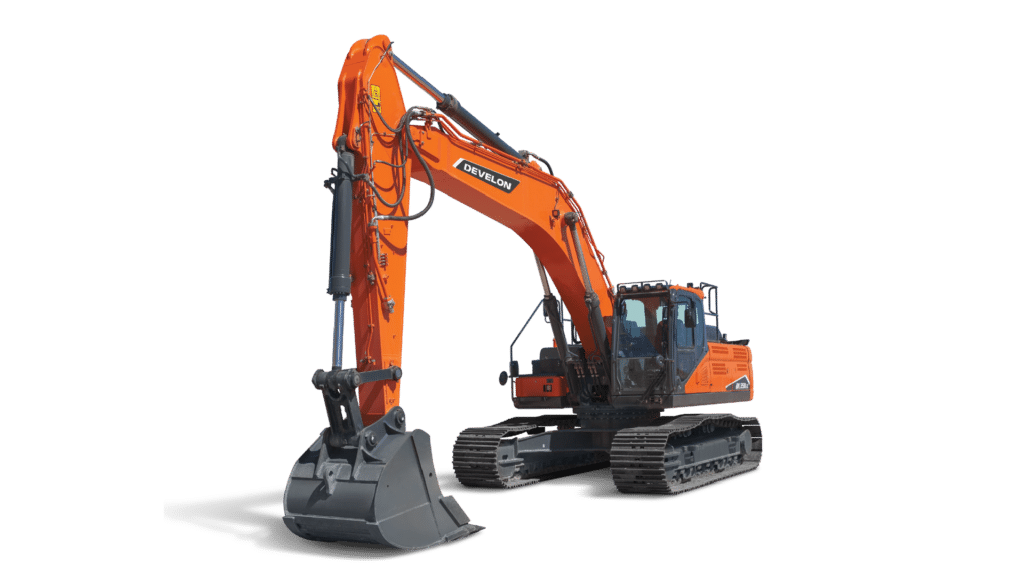 The bright orange Develon DX360LC-7M Large Excavator displayed on a clean white background. The excavator features robust rubber tracks, a spacious enclosed cabin with large windows for optimal visibility, and a powerful hydraulic arm equipped with a heavy-duty digging bucket. The sleek and modern design highlights its strength and efficiency, making it ideal for heavy-duty construction and earthmoving tasks. The vivid orange colour and streamlined structure showcase the machine’s commanding presence and reliability.