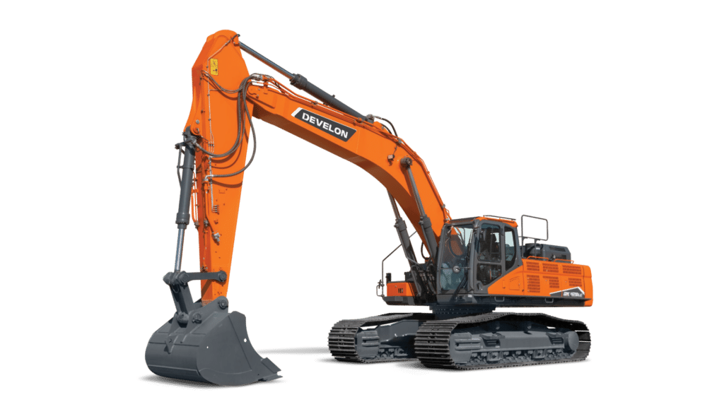 The Develon DX400LC-7M Large Excavator displaying its powerful design and heavy-duty capabilities, engineered to handle demanding excavation and earthmoving tasks with efficiency and precision.
