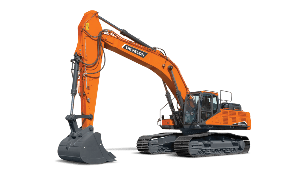 The Develon DX490LC-7M Large Excavator showcasing its robust construction and advanced performance features, designed to tackle heavy excavation and earthmoving tasks with maximum efficiency.