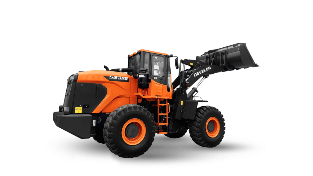 The image shows a wheel loader, specifically the Develon SD300 model. It features a vibrant orange exterior, a modern enclosed cab for operator comfort, and a large, raised front bucket designed for heavy-duty material handling tasks in construction, mining, and agriculture.