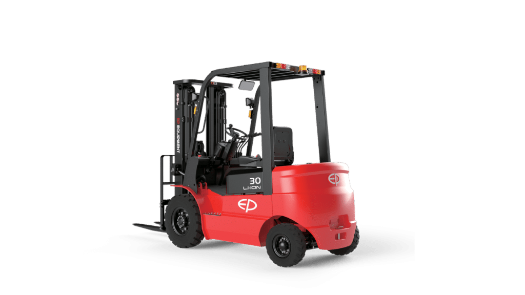 An EP Electric Forklift, highlighted by its bold red colour and modern, energy-efficient design. Featuring a lithium-ion battery, ergonomic operator controls, and a protective overhead guard, this forklift is perfect for eco-friendly and cost-effective material handling in indoor and outdoor industrial environments.