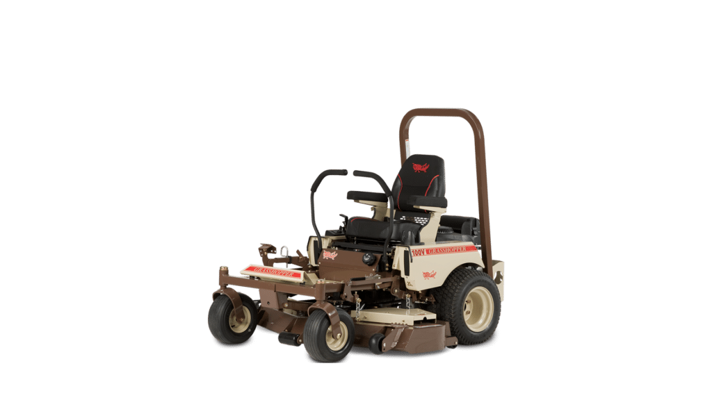 A Grasshopper 124V zero-turn mower in a studio setting, featuring a sturdy frame, dual steering handles, a high-backed black and red seat, and a rollover protection structure at the rear.