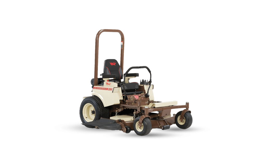 The Grasshopper 226V Zero Turn Mower, featuring a durable and efficient design in cream and brown with red accents. Equipped with a comfortable seat, ergonomic controls, and a high-performance cutting deck, this mower is ideal for precise and reliable lawn maintenance on various terrains.