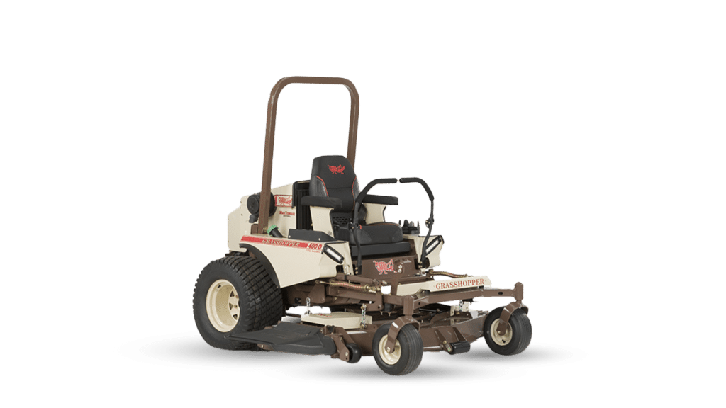 The Grasshopper 400D Zero Turn Mower, featuring a rugged and powerful design in cream and brown with red accents. This high-performance mower is equipped with a durable cutting deck, ergonomic seating, and precision controls, making it ideal for tackling large-scale lawn maintenance with efficiency and ease.
