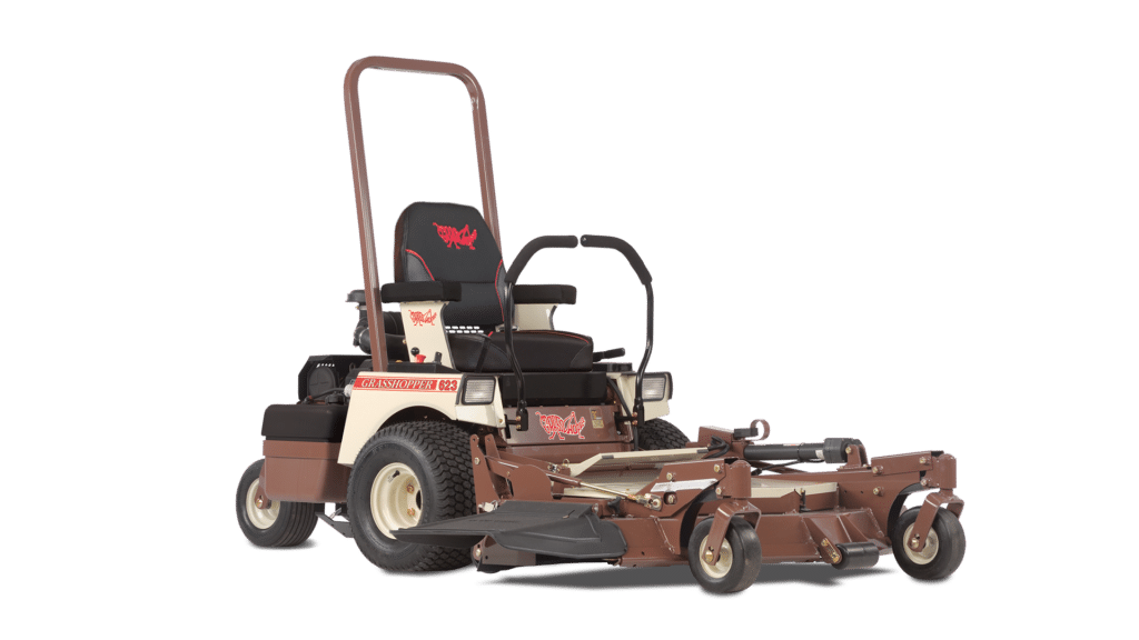 A Grasshopper 623T zero-turn mower in a studio setting, equipped with a high-backed black and red seat, dual steering handles, and a sturdy rollover protection bar. The mower includes a side discharge chute and durable wheels, designed for smooth performance on various types of terrain.