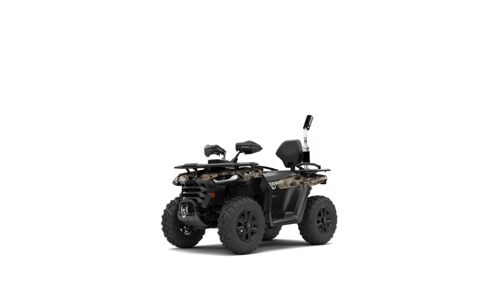 A Segway AT5 L Farm Quad Bike, designed with a rugged build for demanding farm and outdoor environments. This model features a camouflage-style body, adding a tactical and outdoorsy aesthetic. It is equipped with two seats, allowing space for two riders, ideal for team tasks or shared outdoor adventures. The quad bike includes durable off-road tyres for excellent traction, a front winch for pulling or lifting tasks, and high ground clearance to navigate tough terrains. Ergonomic handlebars and a comfortable seating arrangement make it well-suited for long rides, supporting various agricultural and outdoor applications that require power, resilience, and versatility.