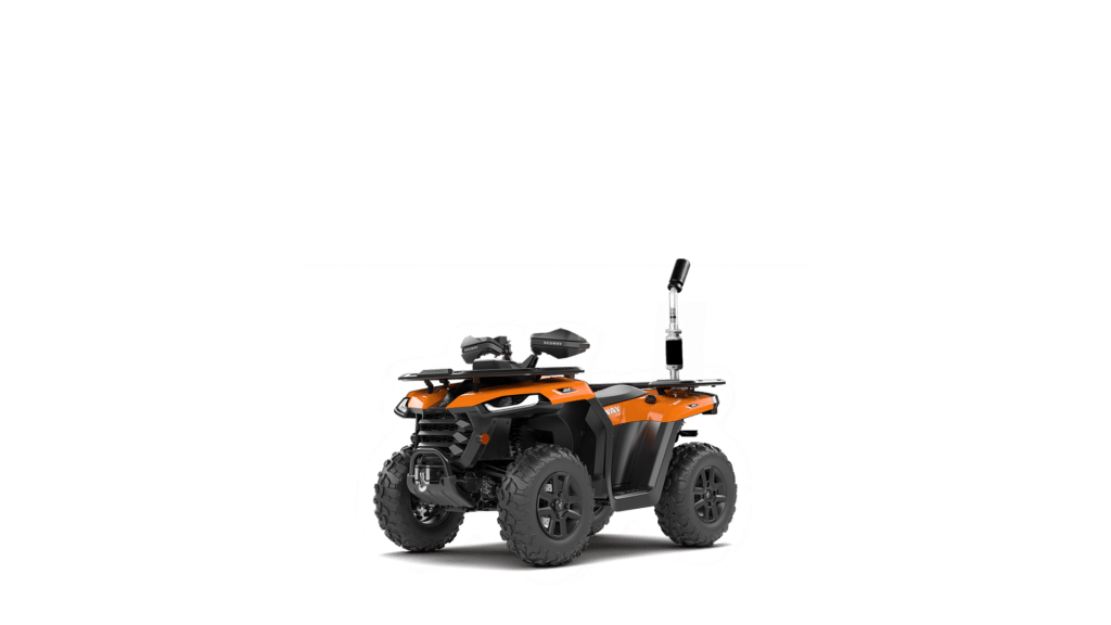 A Segway AT5 S Farm Quad Bike, built for durability and utility on rugged farm terrain. This quad bike features a robust frame with thick off-road tyres for enhanced traction, a front winch for pulling or recovery tasks, and a high ground clearance for navigating uneven surfaces. It includes Segway's signature styling with bright orange accents, ergonomic handlebars, and a comfortable seat for extended use. The AT5 S combines rugged functionality with advanced features, making it an ideal choice for various farm and outdoor applications.