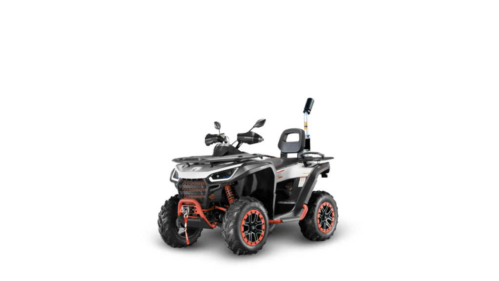 A Segway AT6 L Farm Quad Bike designed for tough outdoor and agricultural environments. This model features two seats, allowing for two riders, making it suitable for team activities on the farm or shared rides. It has a sleek black and silver design with bright red accents, large off-road tyres for superior traction, and a front winch for towing or recovery tasks. The quad bike offers high ground clearance and ergonomic handlebars, providing comfort and ease of control on rough terrain. With its powerful build and dual-rider capability, the AT6 L is ideal for various demanding farm tasks and outdoor adventures.
