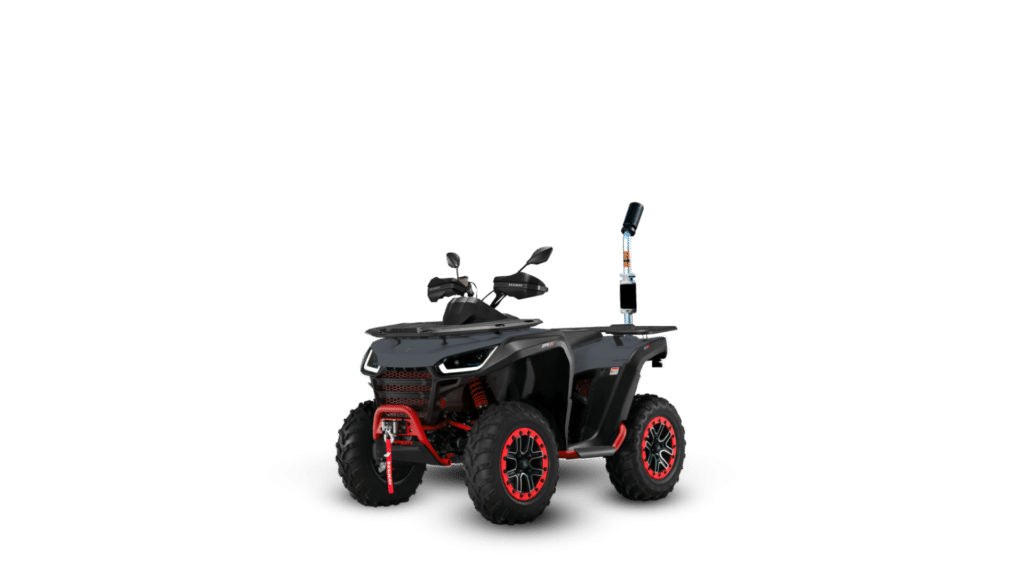 A Segway AT6 S Farm Quad Bike, crafted for durability and versatility in demanding farm and off-road environments. This quad bike has a sleek black design with red accents, large off-road tyres for superior traction, and a front winch for towing or recovery tasks. It features a single seat for the operator, ergonomic handlebars, and high ground clearance for easy navigation over rough terrain. With its robust build and advanced functionality, the AT6 S is well-suited for various agricultural tasks, combining power, style, and reliability.