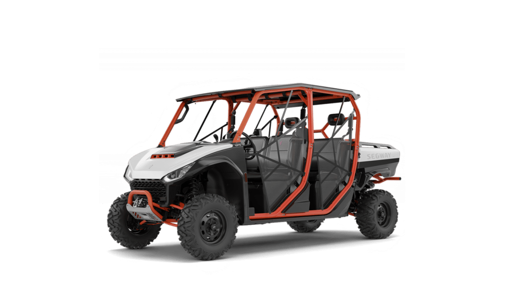 A Segway UT10 Crew EPS, showcasing its spacious and robust design with seating for multiple passengers. Featuring a durable white and black exterior with red accents, Electric Power Steering (EPS), and off-road tyres, this side-by-side UTV is designed for group utility tasks and off-road adventures with maximum comfort and performance.