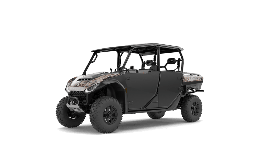 A Segway UT10 Crew Premium, featuring an elegant and robust design with a black exterior and camo accents. This premium side-by-side UTV includes advanced Electric Power Steering (EPS), high-performance off-road tyres, and spacious seating for multiple passengers, perfect for both rugged adventures and high-end utility tasks.