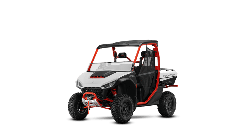 A Segway UT10 E, featuring a bold and dynamic design in white, black, and red accents. Equipped with Electric Power Steering (EPS), durable off-road tyres, and a robust roll cage, this side-by-side UTV is built for both high-performance off-road adventures and reliable utility tasks.
