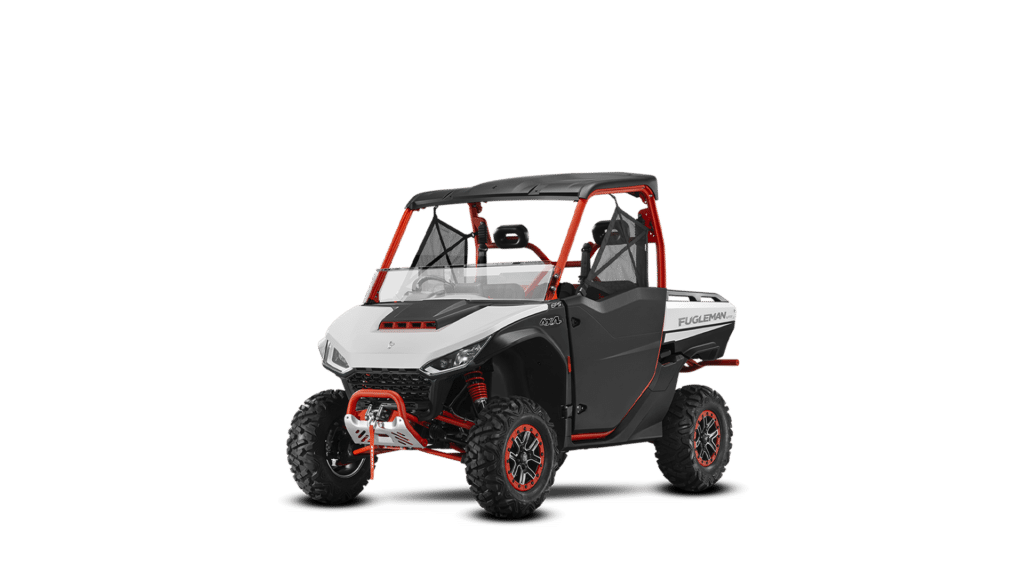 A Segway UT10 X Side by Side UTV, showcasing its sporty and rugged design in white, black, and red accents. Equipped with off-road tyres, a protective roll cage, and advanced features like EPS (Electric Power Steering), this UTV is perfect for adventurous off-road exploration and heavy-duty farm tasks.