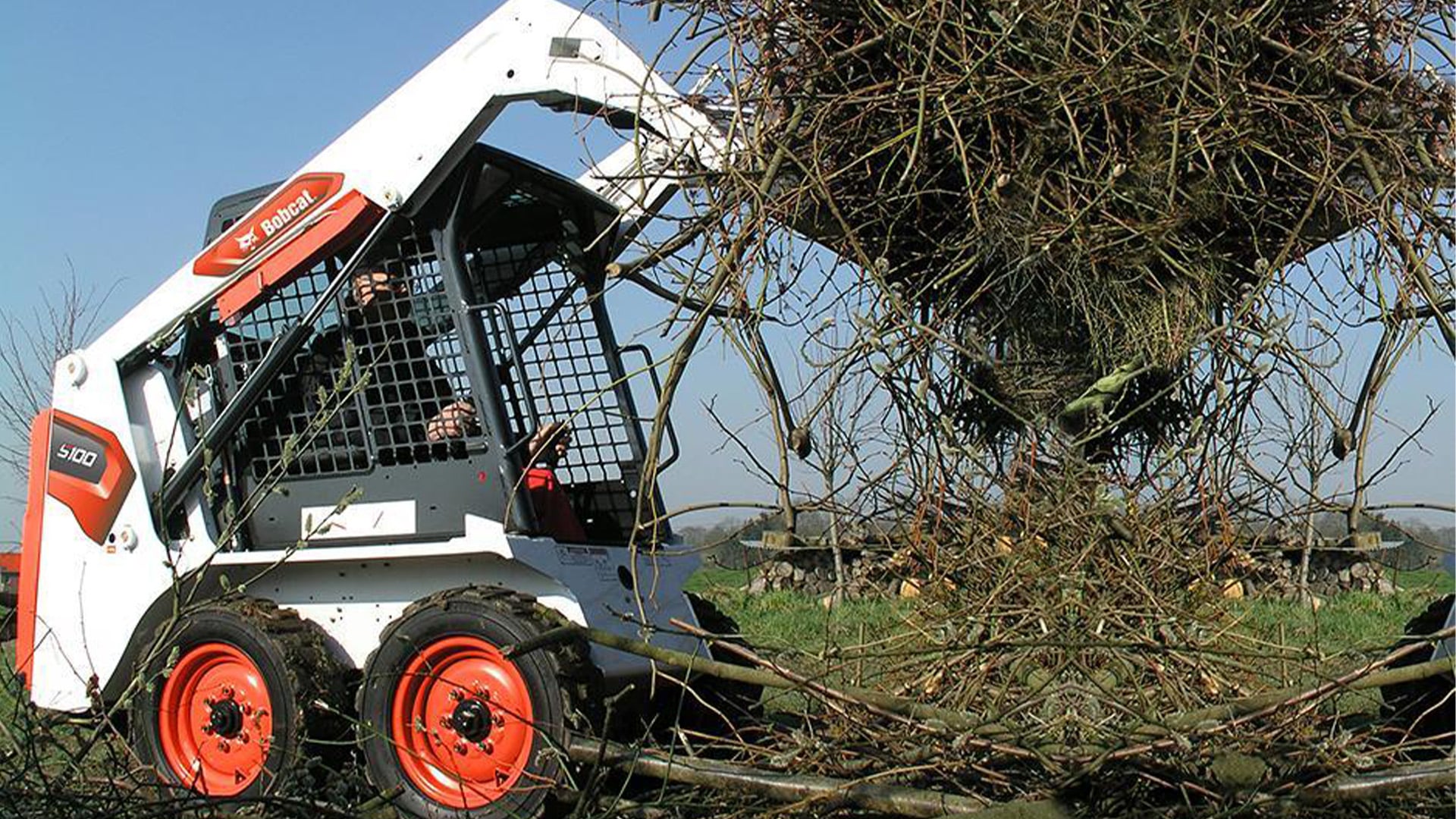 Bobcat S100 Skid Steer Loader manoeuvring through dense vegetation, demonstrating its agility and strength in clearing and landscaping tasks.