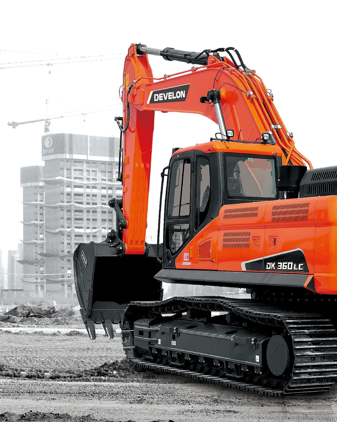 The robust Develon DX400LC-7M Large Excavator at a construction site, showcasing its heavy-duty track system and powerful hydraulic arm. The bright orange exterior stands out against the monochrome urban backdrop, highlighting its strength and modern design. Ideal for large-scale earthmoving and excavation projects, this machine combines power with precision.