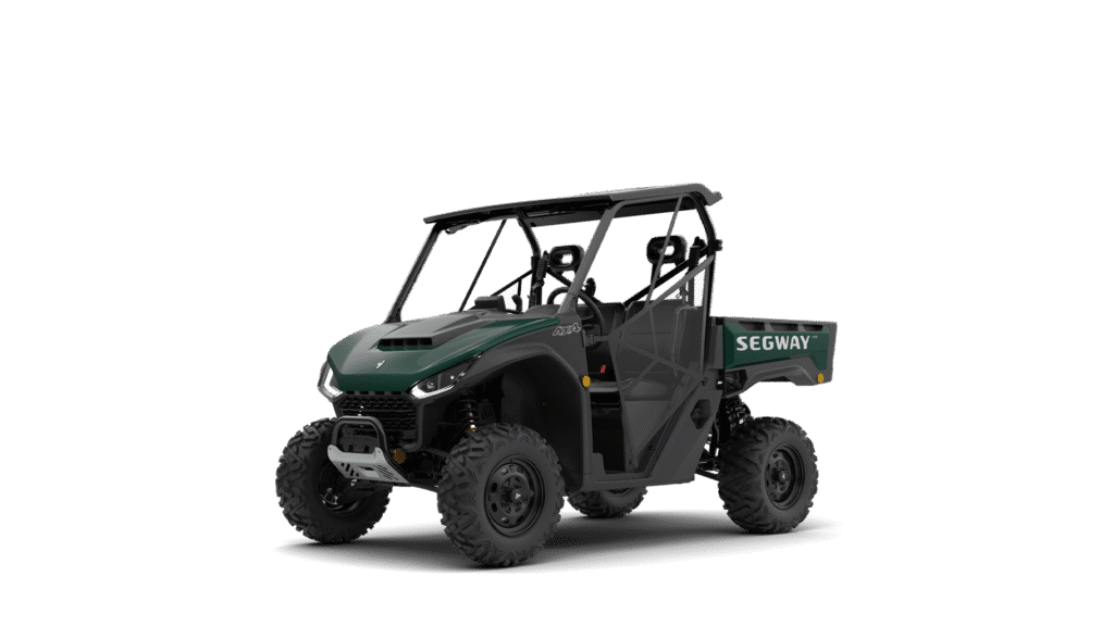 Studio image of a green Segway UT6 UTV Rugged EPS with 4x4 capability, open cabin design, mesh doors, and rear tray, built for tough farm and off-road tasks.