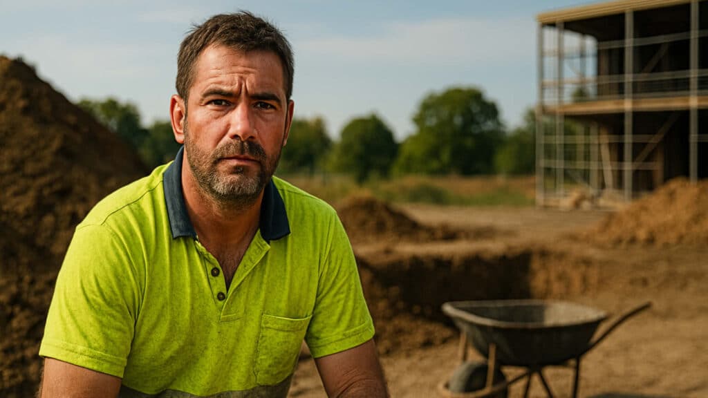 A rugged tradie in a high-vis shirt sits at a dusty construction site, looking thoughtful—capturing the mindset of a tradie looking to buy a mini excavator.