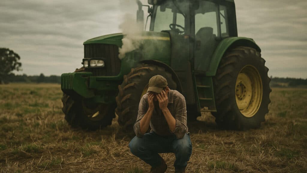 A frustrated farmer crouches in front of a steaming green tractor in a dry paddock, symbolising the challenges of farming and machinery breakdowns; concept for tractor for sale in Victoria.