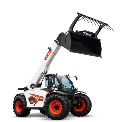 Bobcat TL43.80HF agricultural telehandler showing maximum 8-metre lift height and 4.3-tonne capacity, purpose-built for large-scale farming operations and heavy farm workloads