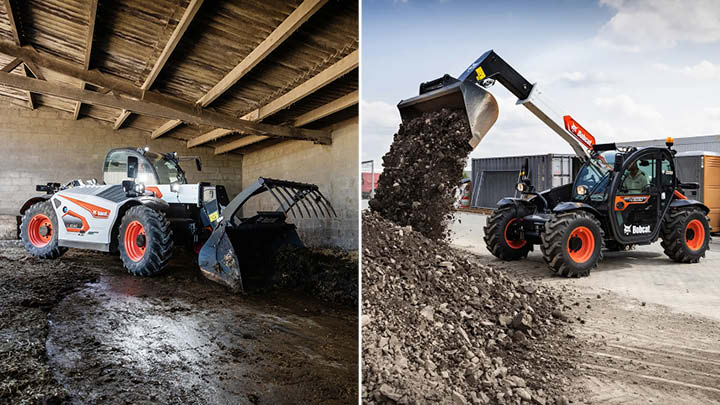 Split comparison of Bobcat TL30.60 telehandler in two settings: agricultural use in farm shed handling silage on left, construction use on industrial site moving aggregate on right, demonstrating versatility across farm and construction applications